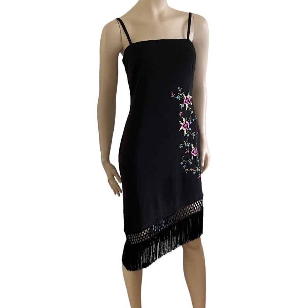 Algo Canada Asymmetric Floral Embroidered Fringe Midi Dress Sz 6​
